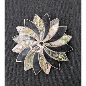 VTG Vintage Inlay Sterling 925 Abalone Black Onyx Pinwheel Flower Pin Brooch